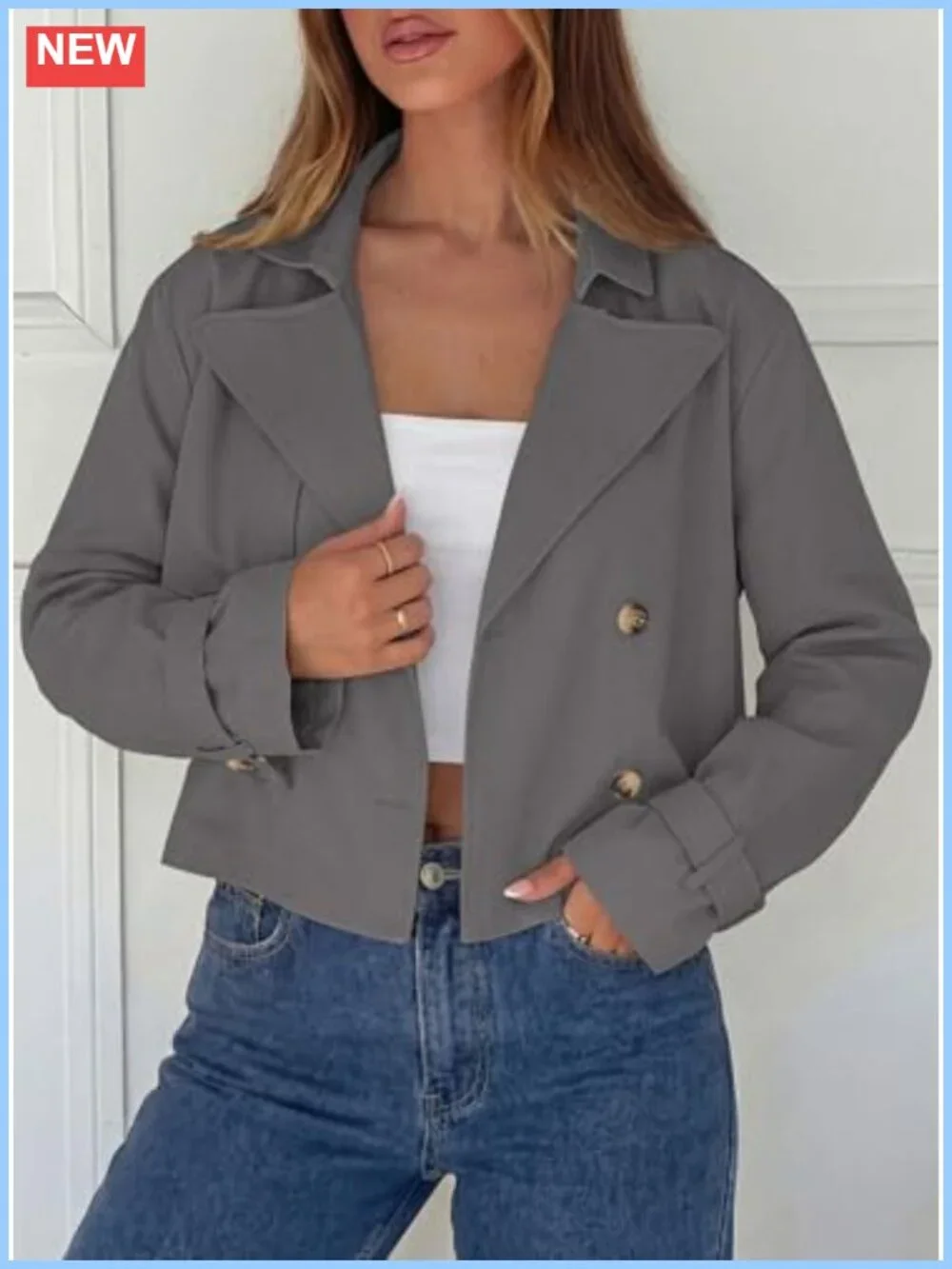 Cropped Trench Coat Women Short Double Breasted Jacket Cotton Blend